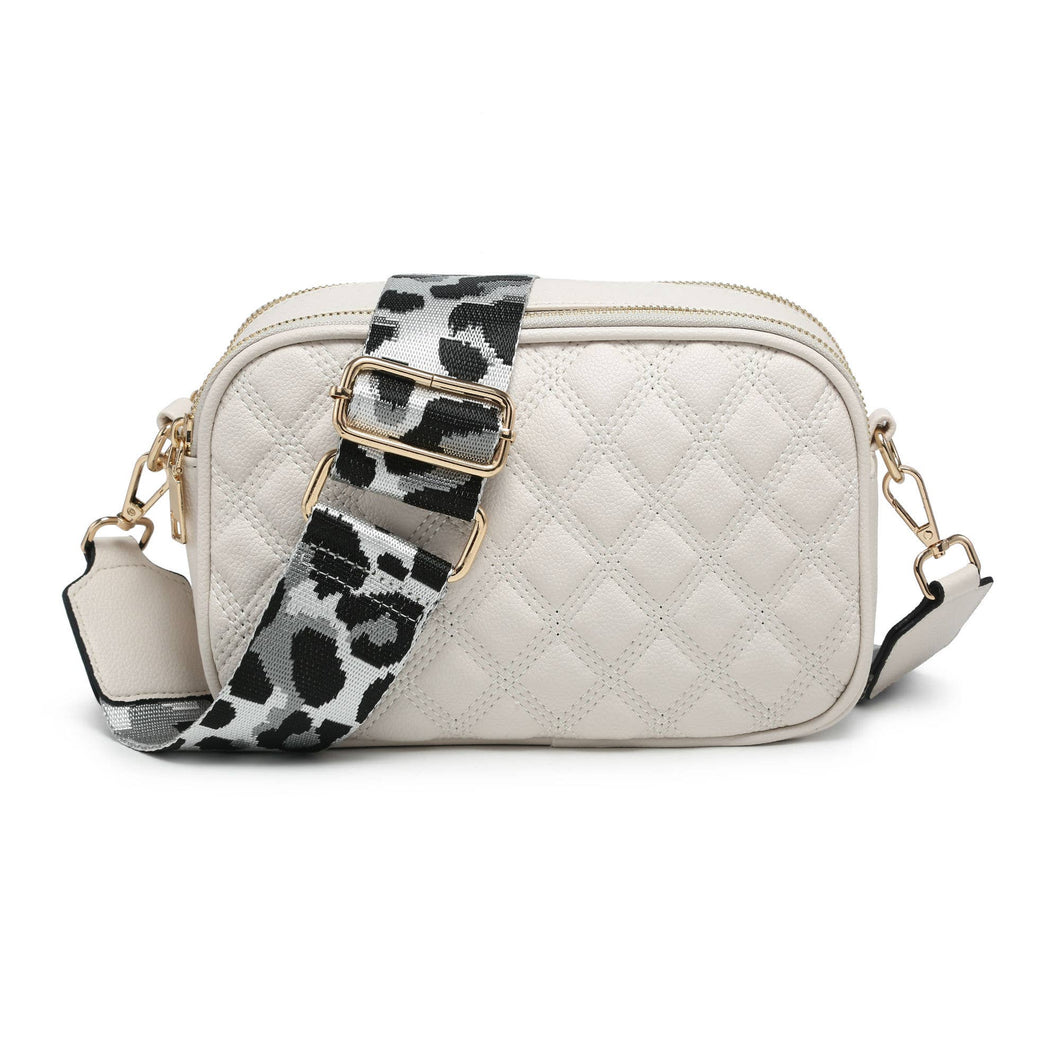 CD21-0352 Cross Body Handbag with double zip top sections: Beige