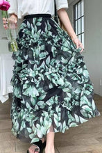 Load image into Gallery viewer, Romantic Flowers Ruffle Maxi Skirt: Green