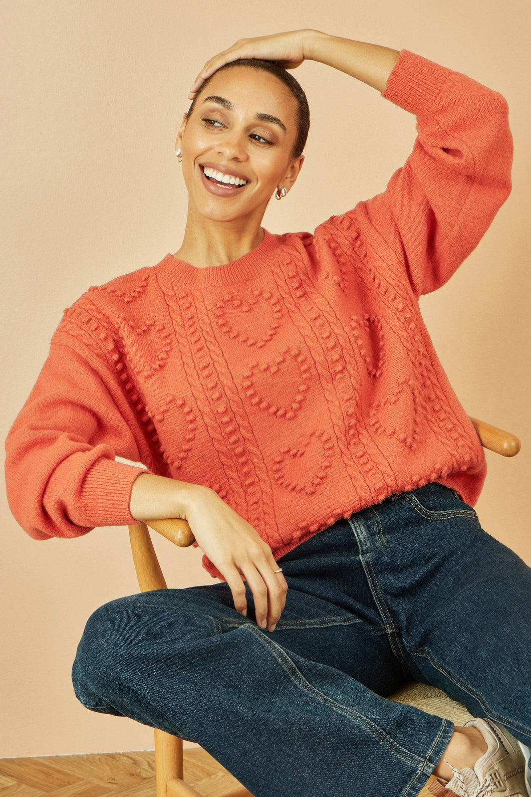 Yumi Orange Heart Knit Relaxed Jumper: Orange / S/M