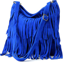 Load image into Gallery viewer, Italian Suede Leather Fringed Shoulder Crossbody Bag: Blue