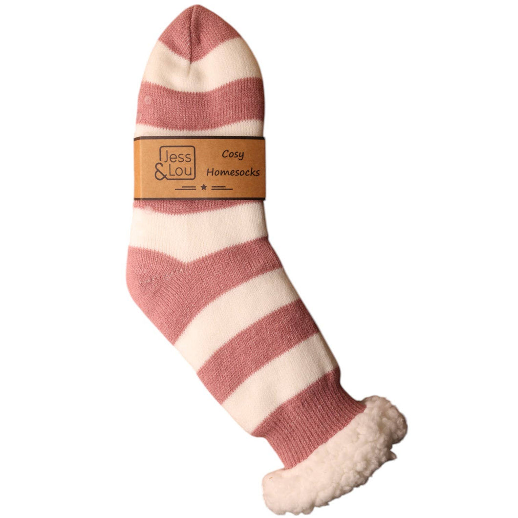 Pink & White Stripe Fleece Lined Slipper Socks SL741