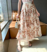 Load image into Gallery viewer, Romantic Flowers Ruffle Maxi Skirt: Cream