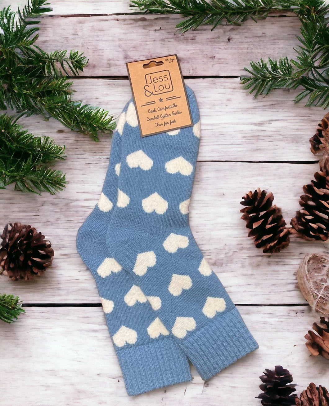 Hearts Ribbed Navy Socks SL230: Cornflower