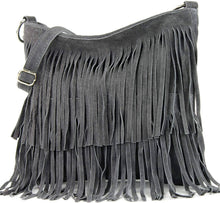 Load image into Gallery viewer, Italian Suede Leather Fringed Shoulder Crossbody Bag: Grey
