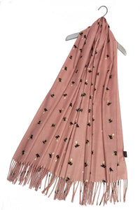 Bumble Bee Print Tassel Scarf: Pink