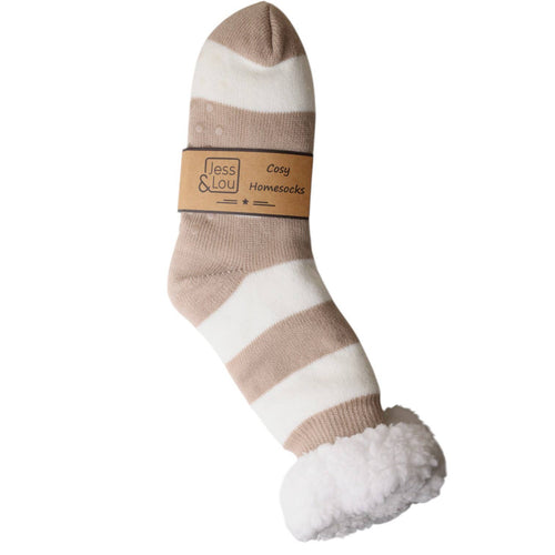 Taupe & White Stripe Fleece Lined Slipper Socks SL748