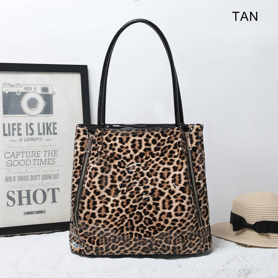 Leopard Print Patent Tote Bag: TAN