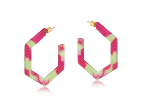 Big Metal London EMMA RESIN HEXAGON STATEMENT HOOP EARRINGS: YELLOW PINK