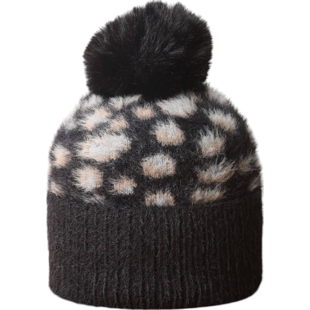 Black Leopard Fluffy Bobble Hat HL871