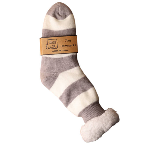 Grey & White Stripe Fleece Lined Slipper Socks SL744