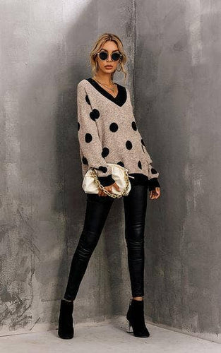 Wool Blended V Neck Jumper In Beige & Black Polka Dot Print: One Size