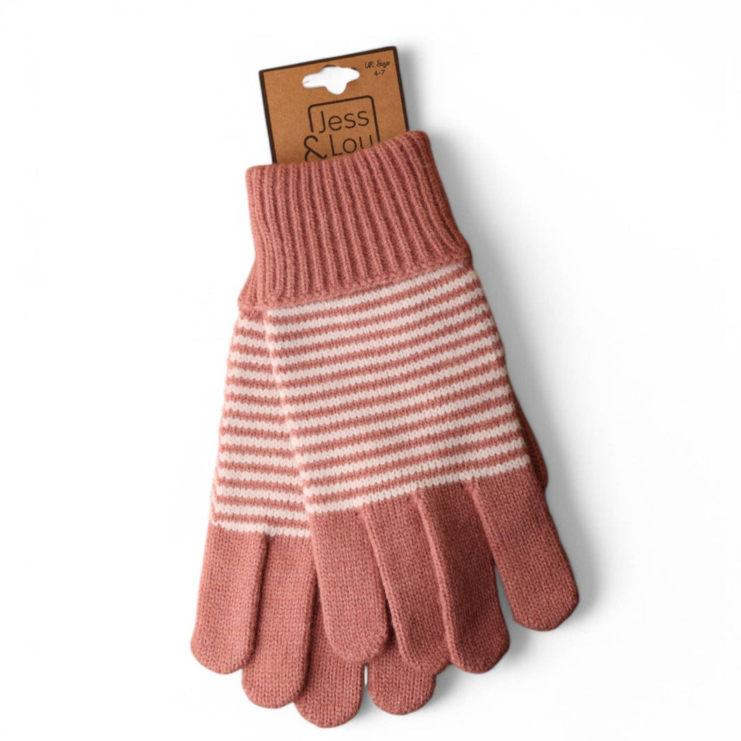 Pink & White Stripy Plain Knit Gloves GL332
