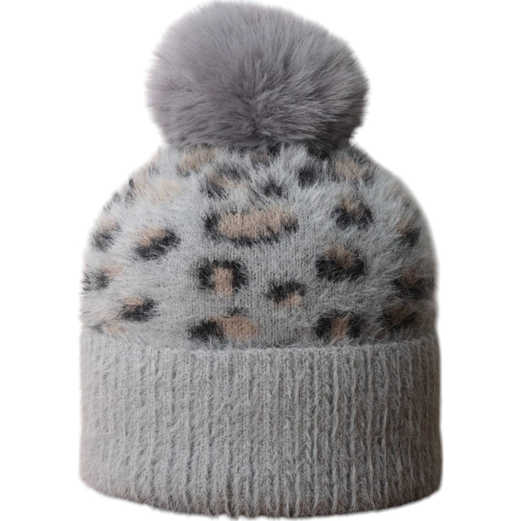 Grey Leopard Fluffy Bobble Hat HL872