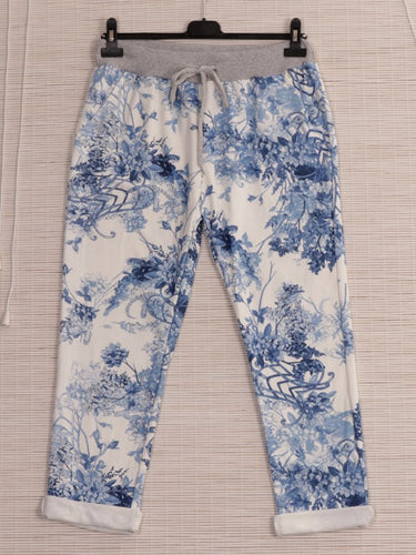 Italian  Print Jersey Joggers White Blue Plus Sized