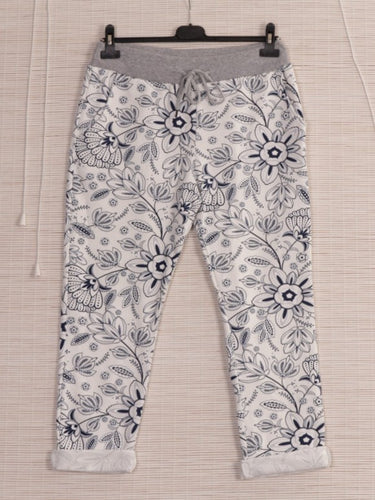 Italian Garden  Print Jersey Joggers White Blue Plus Size