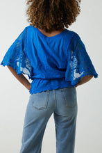 Load image into Gallery viewer, Floral Lace Sleeve Butterfly Blouse Blue