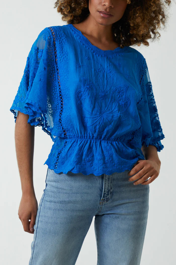 Floral Lace Sleeve Butterfly Blouse Blue