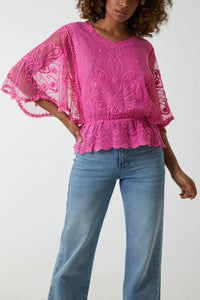 Floral Lace Sleeve Butterfly Blouse Pink