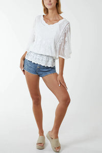 Floral Lace Sleeve Butterfly Blouse Ivory
