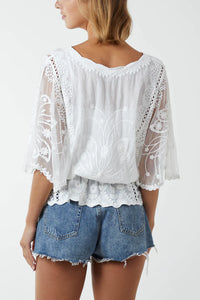 Floral Lace Sleeve Butterfly Blouse Ivory