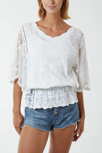 Floral Lace Sleeve Butterfly Blouse Ivory