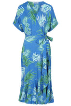Load image into Gallery viewer, Alice Collins Lou Lou Dress Palm Print Satin Sky