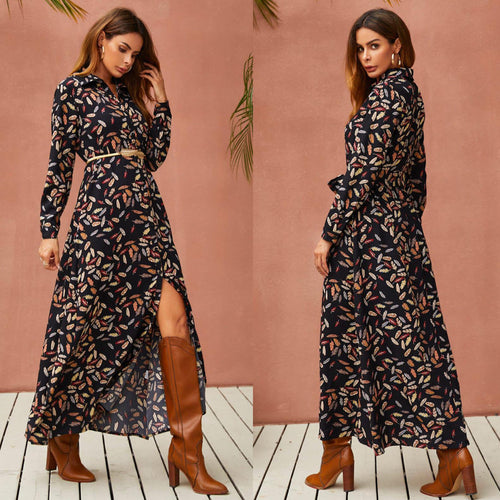 Leaf Print Black Maxi Shirt Dress With Tie Waist