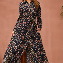 Load image into Gallery viewer, Leaf Print Black Maxi Shirt Dress With Tie Waist
