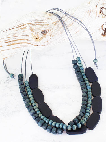 BB6303BLU 3-STRAND WOODEN BEAD NECKLACE