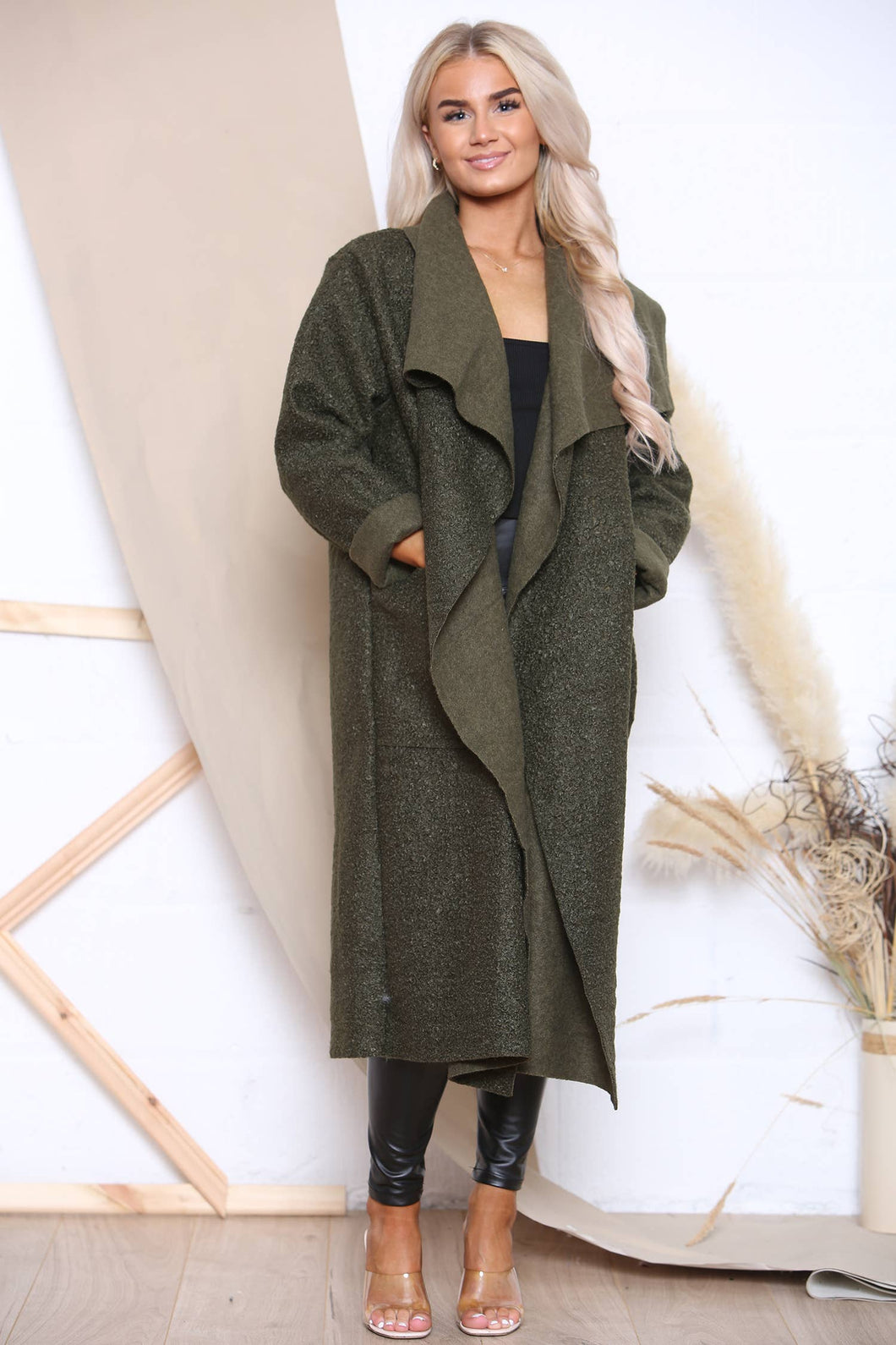 long sleeve open winter coat: Khaki Green