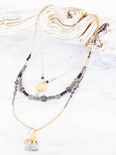 AY1302 TRIPLE STRAND BEAD & CHAIN NECKLACE