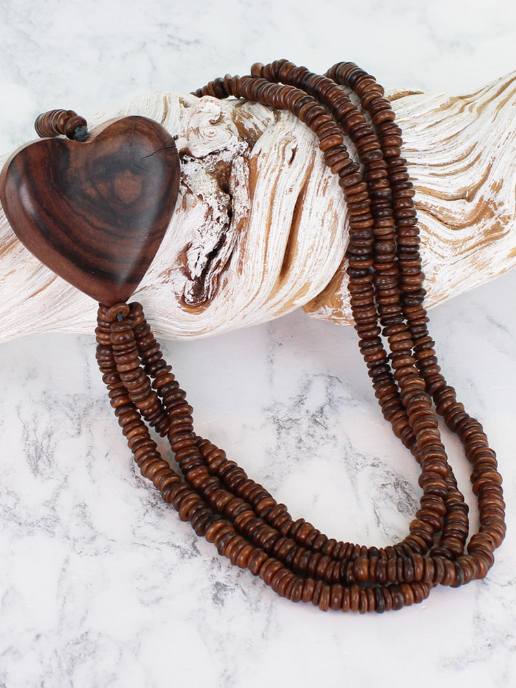 Suzie Blue Multi Strand Coconut Bead Necklace with Heart Brown