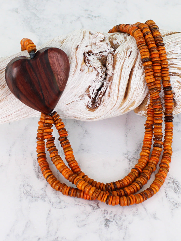 Suzie Blue Multi Strand Coconut Bead Necklace with Heart Orange