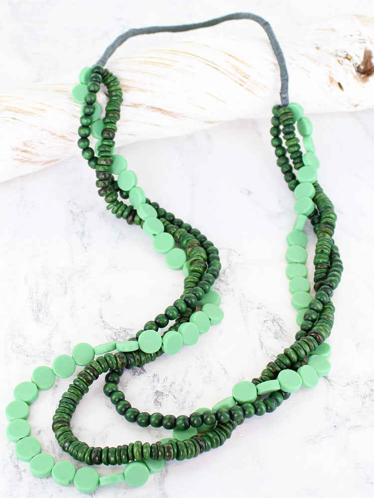 Suzie Blue Triple Strand Wood and Resin Necklace Green
