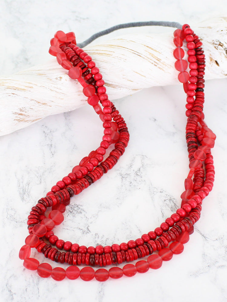 Suzie Blue Triple Strand Wood and Resin Necklace Red