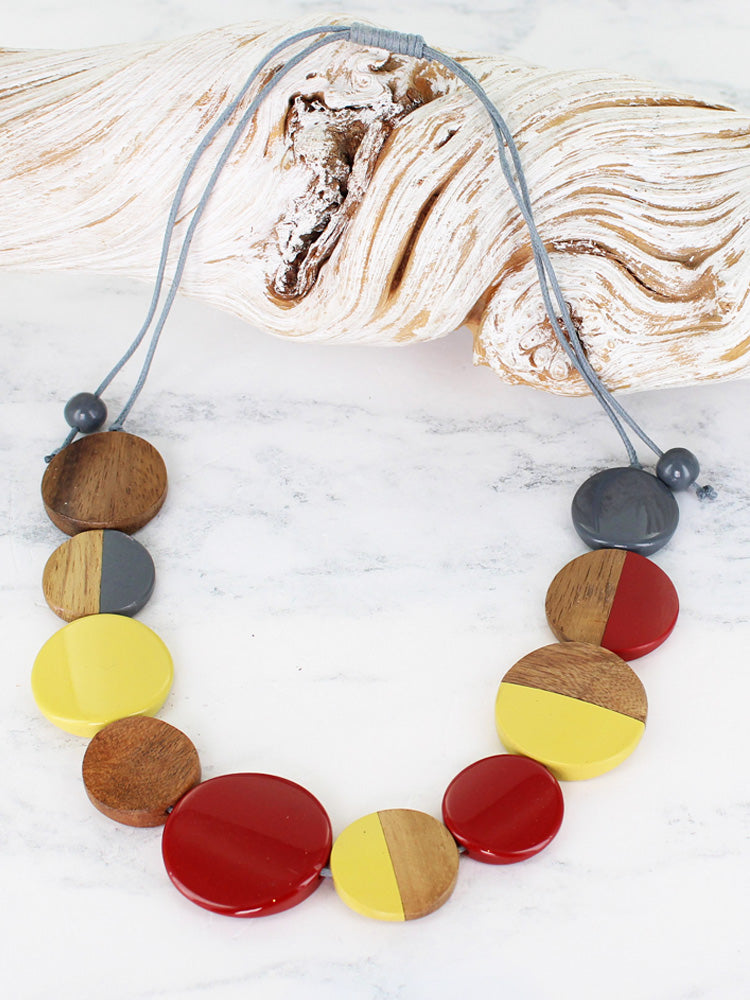 Suzie Blue Resin and Wood Disc Necklace