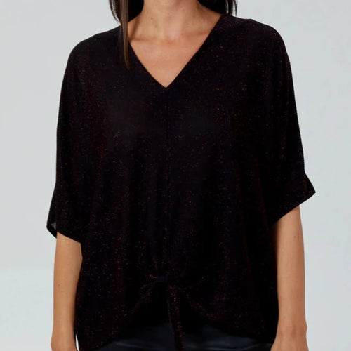 Glitter Lurex Tie Front Blouse Red