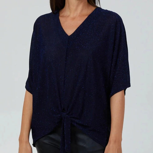 Glitter Lurex Tie Front Blouse Navy