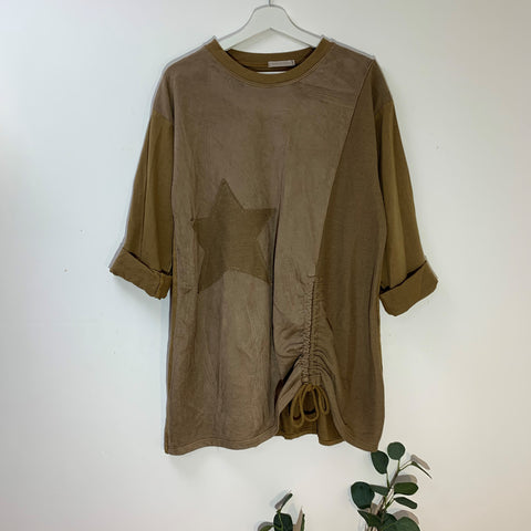 Italian Camel Star Top With Ribbed Detail And Drawstring Feature