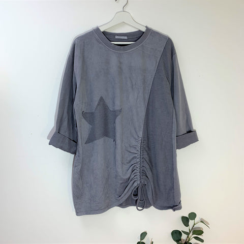 Italian Grey Star Top With Ribbed Detail And Drawstring Feature