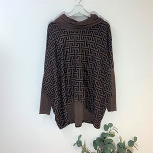 Italian Chocolate Soft Touch Cowl Neck Hi-Lo Top With 'Fendi' Print