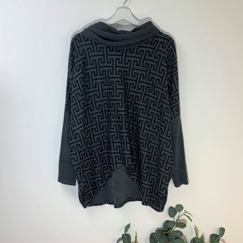 Italian Dark Grey Soft Touch Cowl Neck Hi-Lo Top With 'Fendi' Print