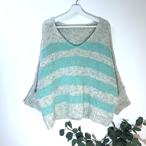 Italian Grey & Aqua Slouchy Horizontal Striped Alpaca-Mohair Mix Jumper