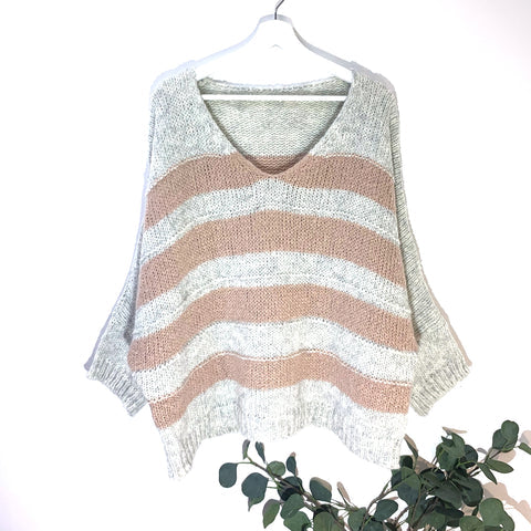 Italian Grey & Pink Slouchy Horizontal Striped Alpaca-Mohair Mix Jumper