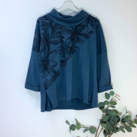 Italian Aqua Jersey Lounge Top With Flower Print Panel And Slight Cowl Neckline