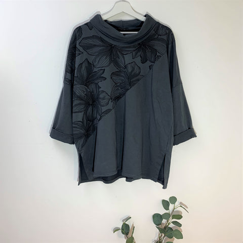 Italian Dark Grey Jersey Lounge Top With Flower Print Panel And Slight Cowl Neckline