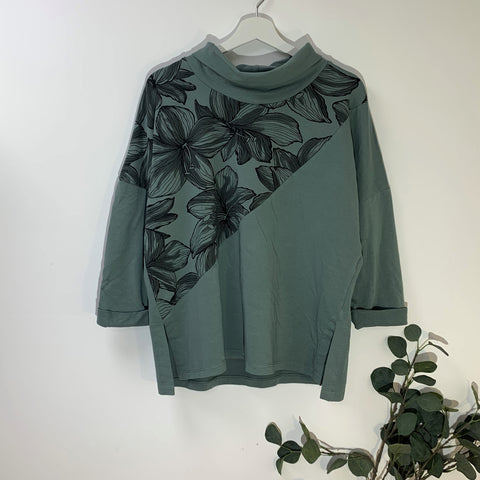 Italian Teal Jersey Lounge Top With Flower Print Panel And Slight Cowl Neckline