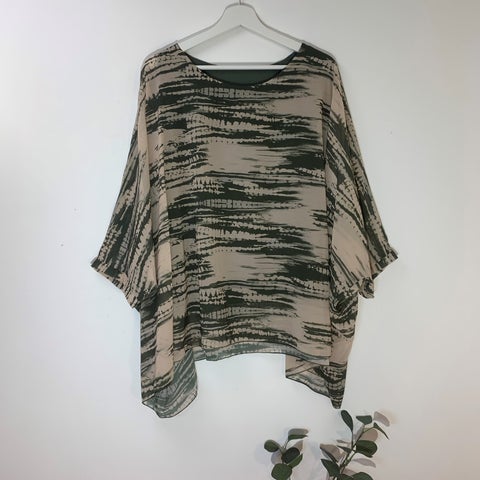 Italian Black Free Size Viscose Top With Blurred Lines Print