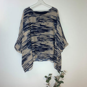 Italian Navy Free Size Viscose Top With Blurred Lines Print