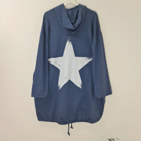 Italian Blue Long Length Brush Stroke Star Motif Zip Up Hoodie
